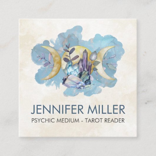 トリプルムーン – 癒しの結晶の水彩 スクエア名刺 (正面)