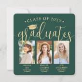 トリプル卒業写真グリーン&金ゴールド共同パーティー 招待状 (正面)