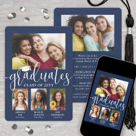 トリプル卒業写真コラージュ海軍とホワイトジョイント 案内状