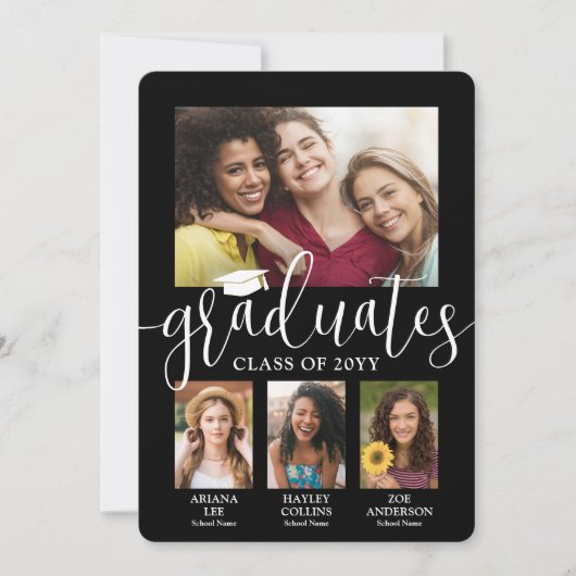 トリプル卒業写真コラージュ白黒ジョイント 案内状 (正面)