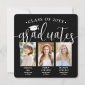 トリプル卒業写真コラージュ白黒ジョイント 案内状 (正面)