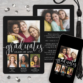 トリプル卒業写真コラージュ白黒ジョイント 案内状