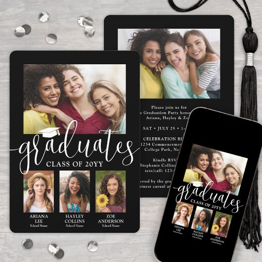 トリプル卒業写真コラージュ白黒ジョイント 案内状