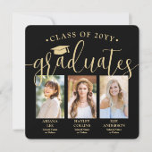 トリプル卒業写真ブラック&金ゴールドジョイントパーティー 招待状 (正面)