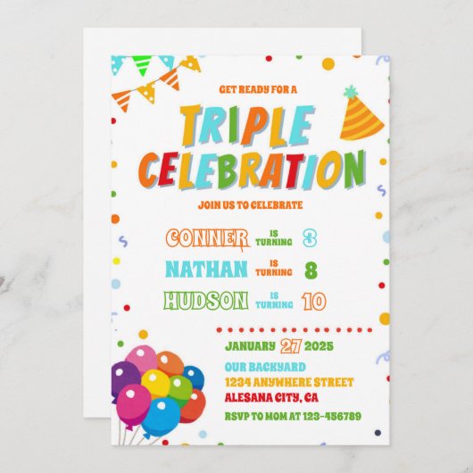 トリプル誕生日招待状兄弟姉妹ジョイントパーティー 招待状 (正面/裏面)