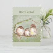 トリプレットの誕生日パーティーお祝いかわいい鳥 招待状 (スタンド正面)