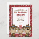 トリプレットウェスタンカウボーイモンキーズ5x7誕生日 招待状 (正面/裏面)