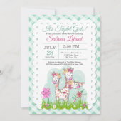 トリプレットガールズかわいいキリン赤ちゃんシャワー 招待状 (正面)