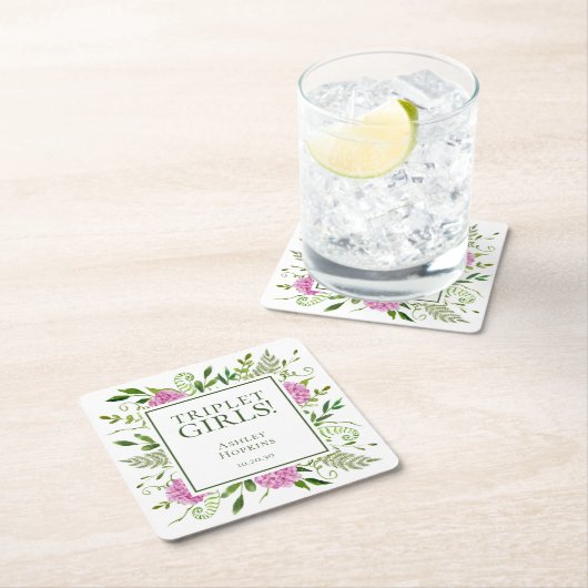 トリプレットガールズピンクアジサイ女の子ベビーシャワー スクエアペーパーコースター (インサイチュ)