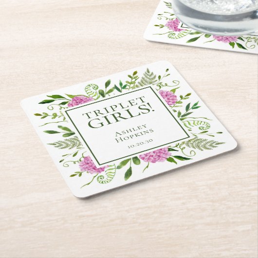 トリプレットガールズピンクアジサイ女の子ベビーシャワー スクエアペーパーコースター (アングル)