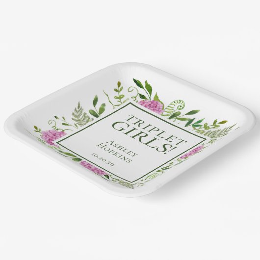 トリプレットガールズピンクアジサイ女の子ベビーシャワー ペーパープレート (傾斜あり)