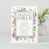 トリプレットガールズピンクアジサイ赤ちゃんシャワー 招待状 (スタンド正面)