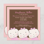 トリプレットガールピンクブラウンベビーシャワー招待状 招待状 (正面/裏面)