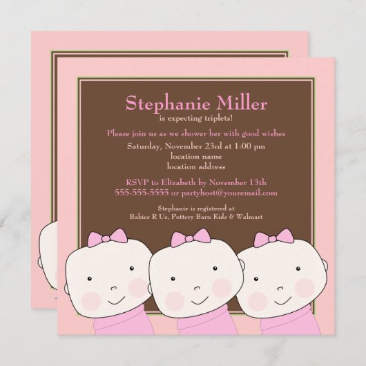 トリプレットガールピンクブラウンベビーシャワー招待状 招待状 (正面/裏面)
