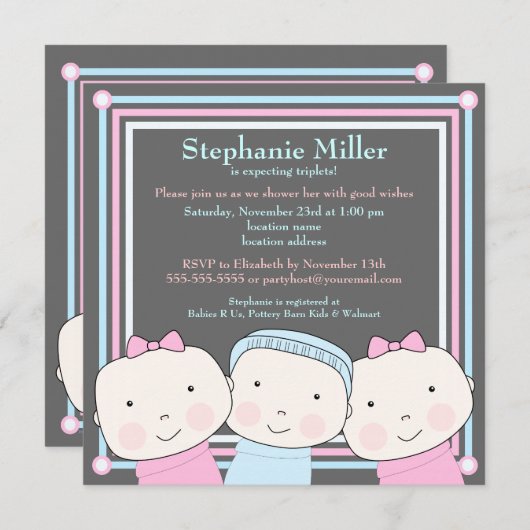 トリプレットガールボーイピンクブルーベビーシャワー招待状 招待状 (正面/裏面)