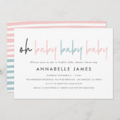 トリプレットベビーシャワーピンクモダンブルータイポグラフィi 案内状 (正面/裏面)