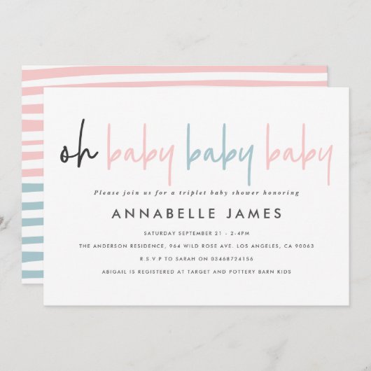 トリプレットベビーシャワーピンクモダンブルータイポグラフィi 案内状 (正面/裏面)