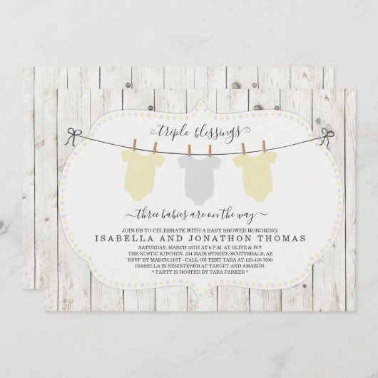 トリプレットベビーシャワー招待状男女兼用- 招待状 (正面/裏面)