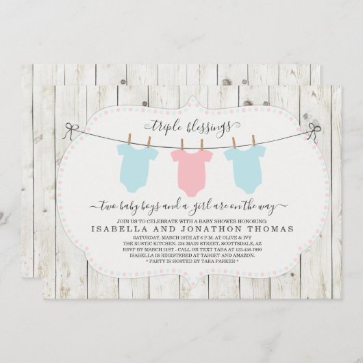 トリプレットベビーシャワー招待状- 2男の子&1女の子 招待状 (正面/裏面)