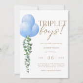 トリプレットボーイズブルーバルーン男の赤ちゃんシャワー 招待状 (正面)