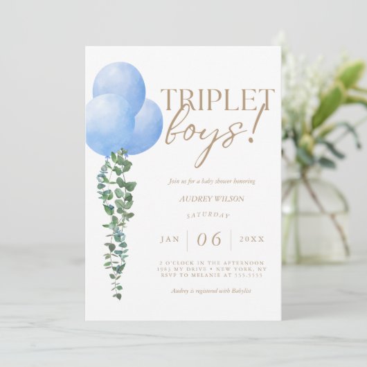 トリプレットボーイズブルーバルーン男の赤ちゃんシャワー 招待状 (スタンド正面)