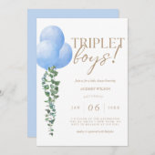 トリプレットボーイズブルーバルーン男の赤ちゃんシャワー 招待状 (正面/裏面)