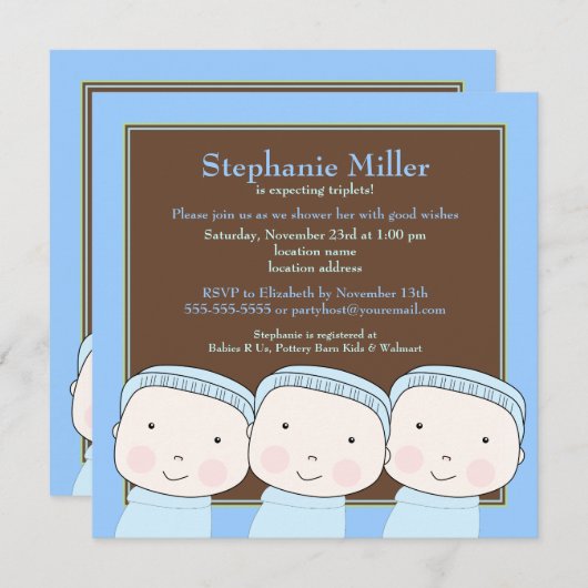 トリプレットボーイズブルー3ベビーシャワー招待状 招待状 (正面/裏面)