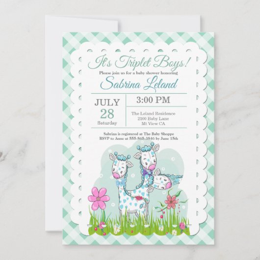 トリプレットボーイズ愛らしいキリン赤ちゃんシャワー 招待状 (正面)