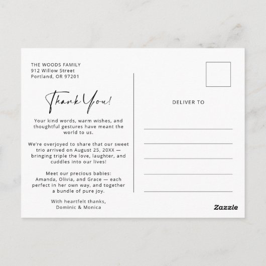 トリプレッ生まれたばかりのトベビーサンキューカード写真はがき ポストカード (裏面)