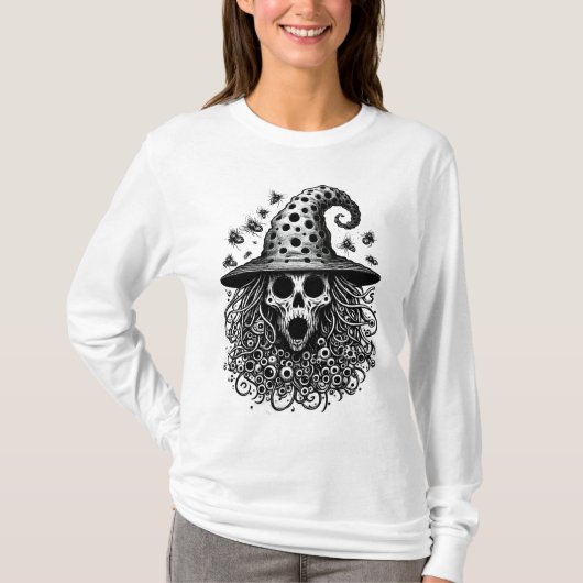 トリポフォビア魔女スカル不気味なハロウィーンデザイン Tシャツ (正面)