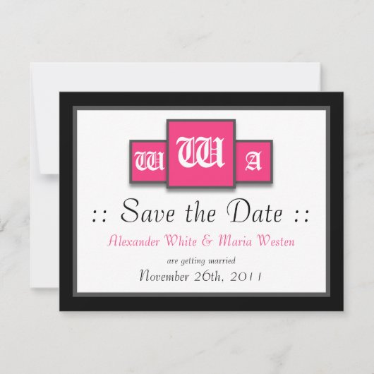 トリモノグラムのフューシャピンクのモダンな結婚式のSave the Date 招待状 (正面)