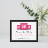 トリモノグラムのフューシャピンクのモダンな結婚式のSave the Date 招待状 (スタンド正面)