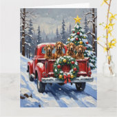 トリーイングウォーカークーンハウンドのクリスマス赤いトラック カード (黄色い花)