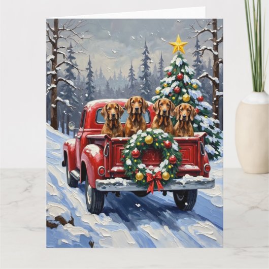 トリーイングウォーカークーンハウンドのクリスマス赤いトラック カード (正面)