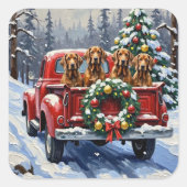 トリーイングウォーカークーンハウンドのクリスマス赤いトラック スクエアシール (正面)