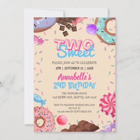 トリートキッドチョコレート棒つきキャンデースウィートセカンド誕生日 招待状 (正面)