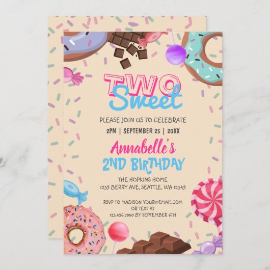 トリートキッドチョコレート棒つきキャンデースウィートセカンド誕生日 招待状 (正面/裏面)