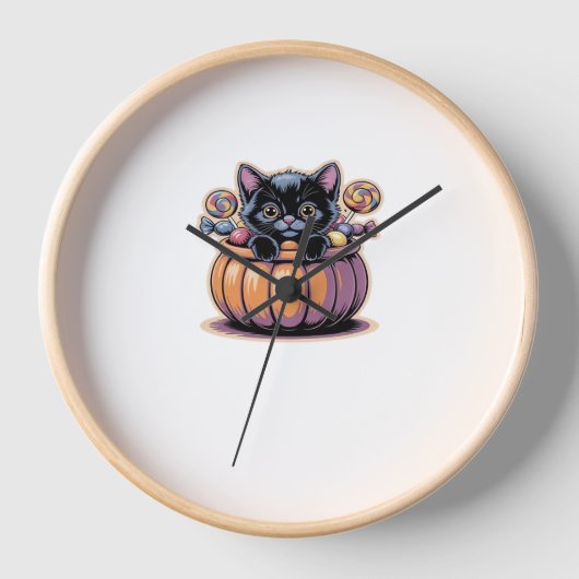 トリートバケットクラシックTシャツの黒い子猫 壁時計 (正面)