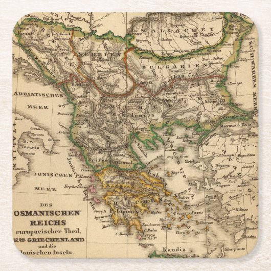 トルコおよびギリシャの地図 スクエアペーパーコースター (正面)
