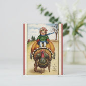 トルコがカボチャのカートに子供を引っ張る感謝祭 ポストカード (スタンド正面)