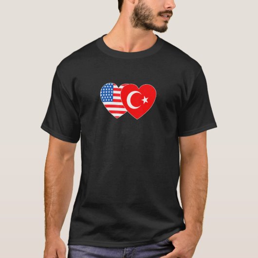 トルコとアメリカの国旗ツインハート for トルコ系アメリカ人 tシャツ (正面)