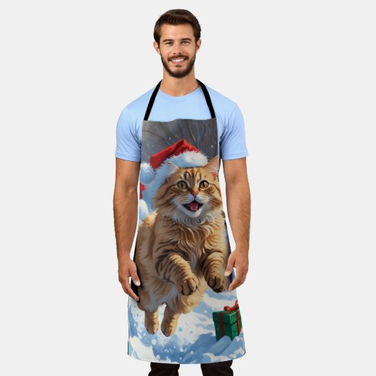 トルコのアンゴラ走キャットの雪のクリスマス帽子 エプロン (着用した状態)