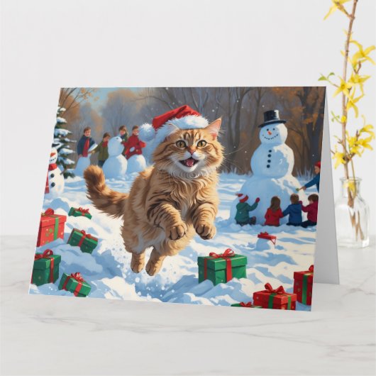 トルコのアンゴラ走キャットの雪のクリスマス帽子 カード (黄色い花)