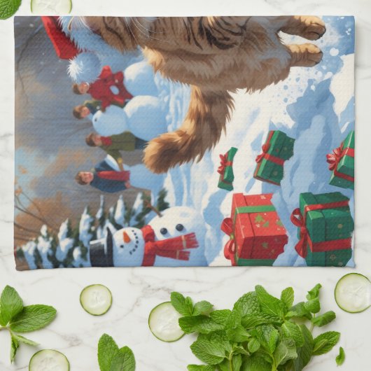 トルコのアンゴラ走キャットの雪のクリスマス帽子 キッチンタオル (折り畳み)
