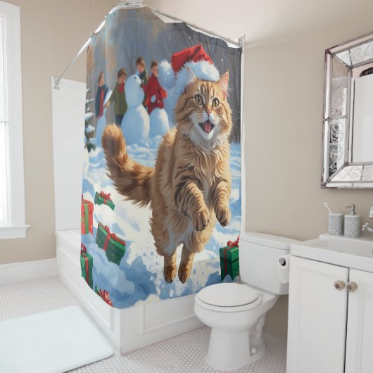 トルコのアンゴラ走キャットの雪のクリスマス帽子 シャワーカーテン (インサイチュ)