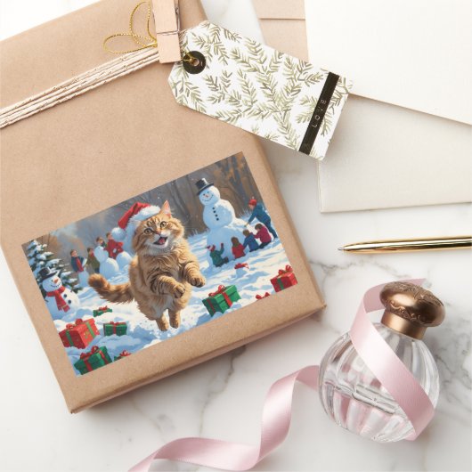 トルコのアンゴラ走キャットの雪のクリスマス帽子 長方形シール (ギフト)