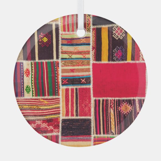 トルコのカーペットパッチワーク手作りテクスチャ ガラスオーナメント (正面)