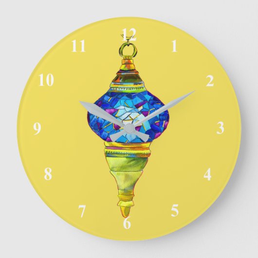 トルコのランプ青いモザイク水彩画 ラージ壁時計 (正面)