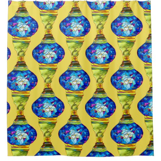 トルコのランプ青モザイクの水彩画 シャワーカーテン (正面)