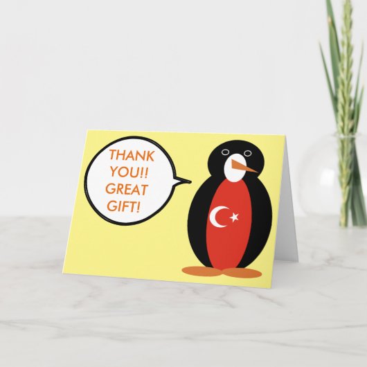 トルコの国旗を着たペンギンのお礼カード サンキューカード (正面)